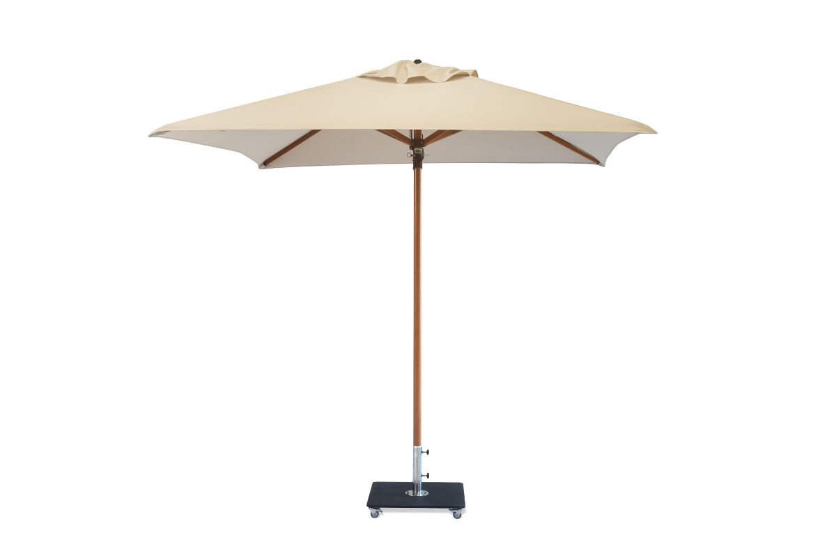 Classic Tokai hardwood patio umbrella with a 2.5m square canopy, shown open