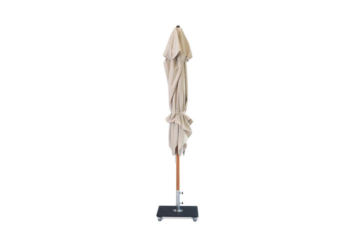 Classic Tokai hardwood patio umbrella with a 2.5m square canopy, shown closed